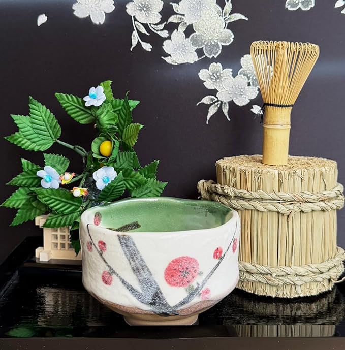 Japanese Traditional Mino Ware Handcrafted Mini Matcha Chawan Tea Bowl Cup Set with Chasen Bamboo Tea Whisk Ceremony Tableware Pottery (Oribe Ume)
