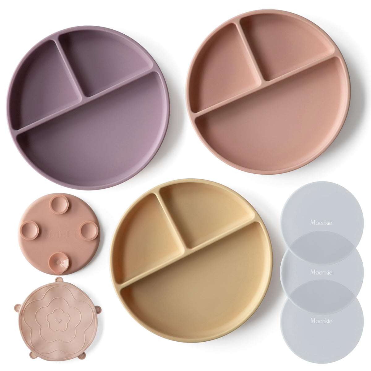 Moonkie Suction Plates for Baby | 100% Silicone BPA-Free Baby Plates with Lids and Food Cover | Divided Design | Microwave and Dishwasher Safe | Toddler Plates 2 Pack