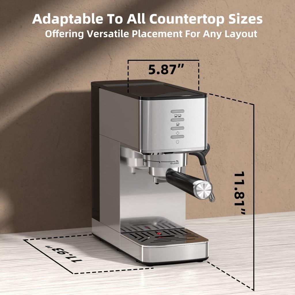 Electactic CM8032SH Essential Stainless Steel Espresso Machine with Steam Wand, Powerful 20-Bar Italian Pump, 37oz Removable Water Tank, Compact Espresso Maker for Home Baristas, Cappuccino & Latte