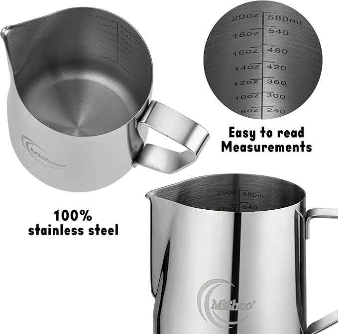 MiShoo® Milk Frothing Pitcher, 20oz Steaming Pitcher 304 Stainless Steel Espresso Machine Accessories for Coffee Bar, Cappuccino Barista Tools Milk Jug Steamer Frother Cup with Latte Art Pen