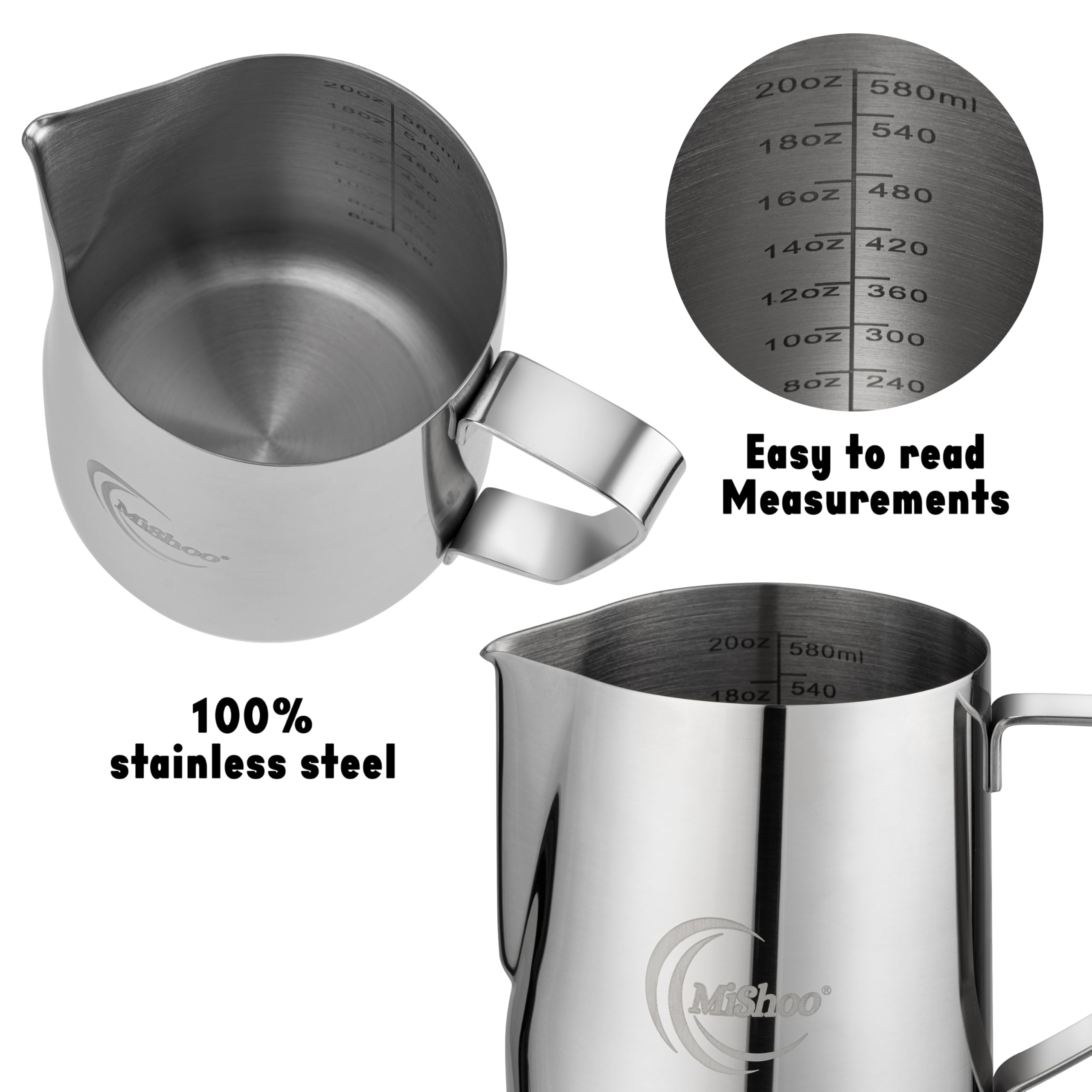 MiShoo™ Milk Frothing Pitcher 20oz – 304 Stainless Steel Milk Frother Cup for Espresso, Latte & Cappuccino – Mixing Pitcher with Spouse Rustproof, Precise Pour Spout, Easy-Clean Espresso Accessories