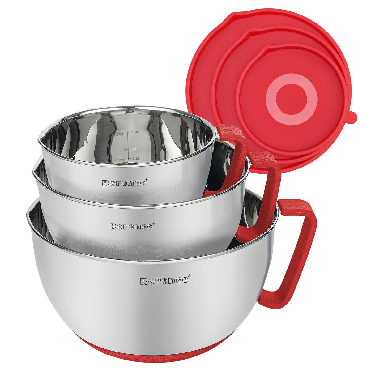Rorence Stainless Steel Mixing Bowls Set with Lids,1.5,3 & 5 Qt,Red