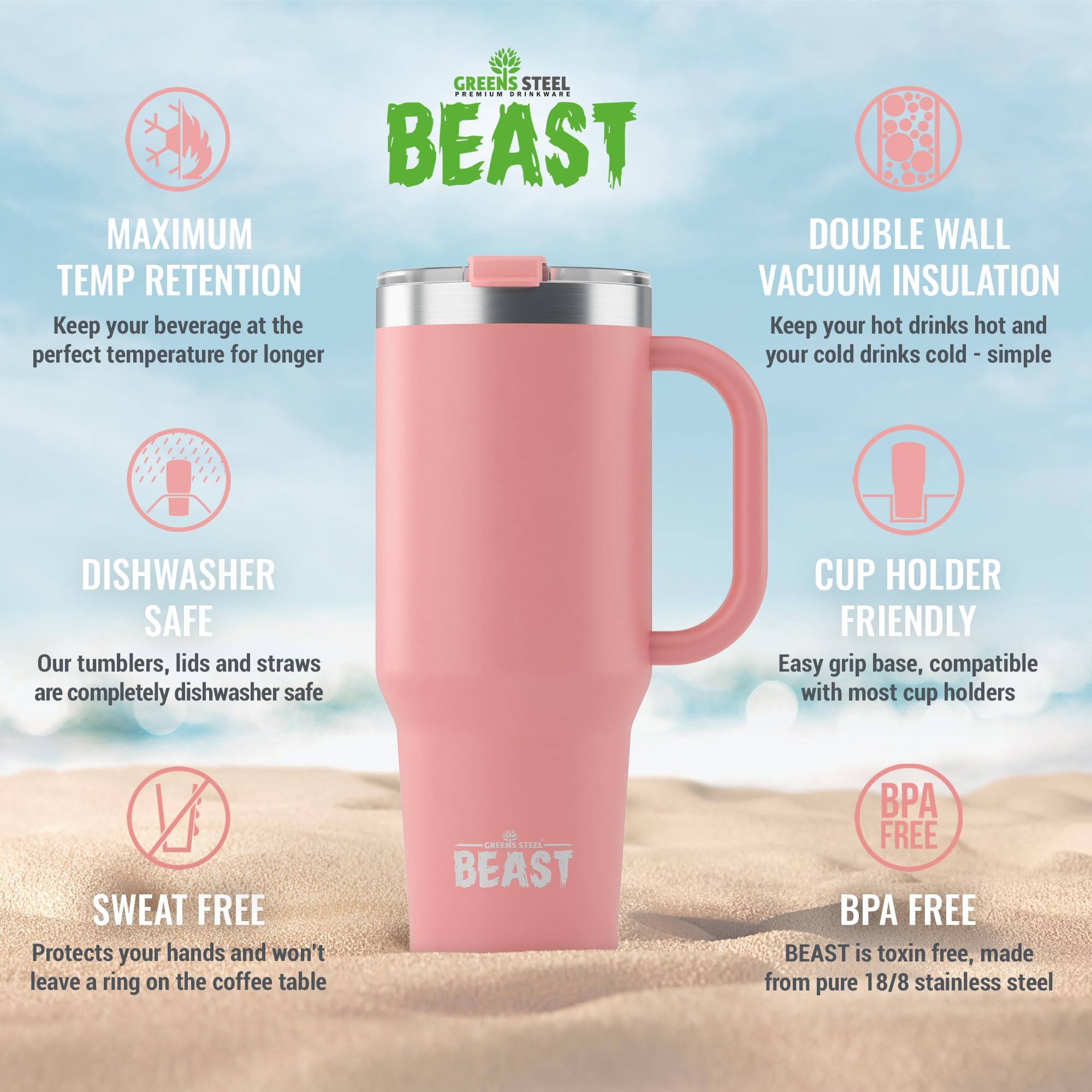Beast 50 oz Tumbler with Handle Stainless Steel Vacuum Insulated Coffee Ice Cup Double Wall Travel Flask (Blossom Pink)