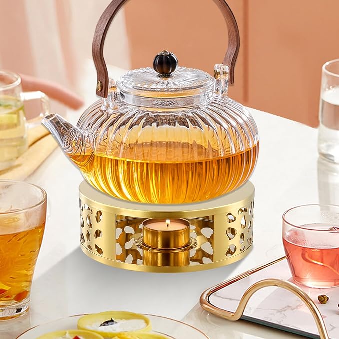 4 PCS Teapot Warmer, Stainless Steel Teapot Warmer, Metal Teapot Heater with Tealight Candle Holder, Brushed Coffee Tea Warmer Base for Glass or Ceramic Teapot, Gold