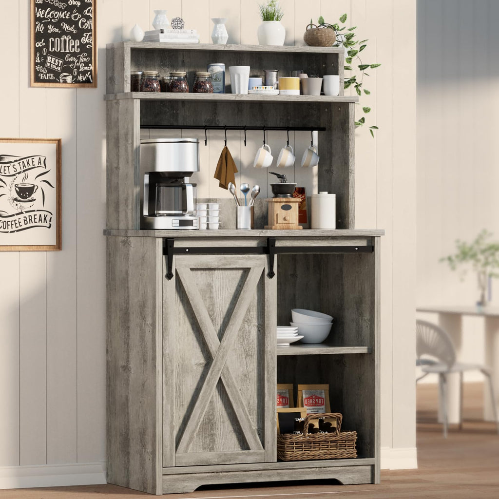 BestHaped Farmhouse Coffee Bar with 3 Tier Storage Hutch, 56 Inch Small Coffee Station with 6 Hooks, Corner Bar Table with Adjustable Shelves for Living Dining Room (Grey)