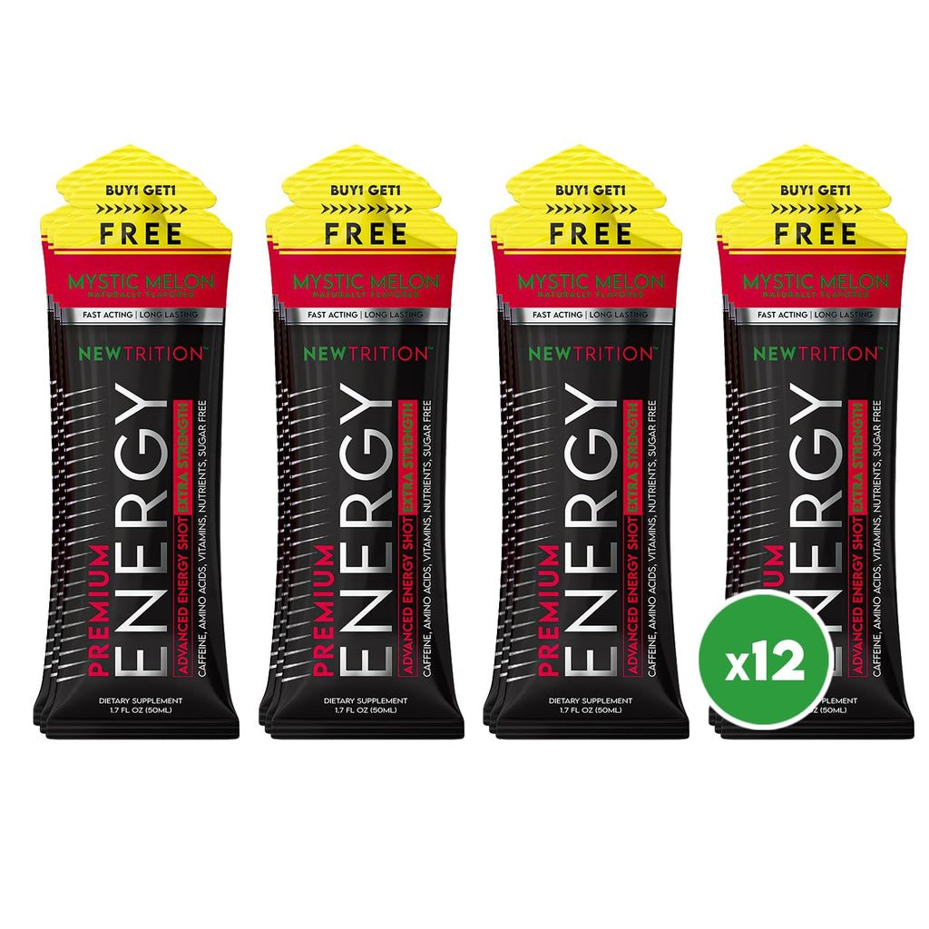NewTrition® Extra Strength Energy Shots, 1.7 fl oz - 250mg Caffeine with Vitamin B & Amino Acids, Sugar-Free, Zero Calorie Vitamin Energy Drink for Focus & Endurance (Pack of 12, Mystic Melon)
