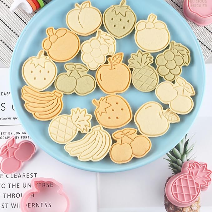 8Pcs Fruit Cookie Cutters Set 3D Plastic Biscuits Mold for Baking, DIY Cake Decor Grape, Banana, Strawberry, Apple Shape Cookie Molds for Party (I8)