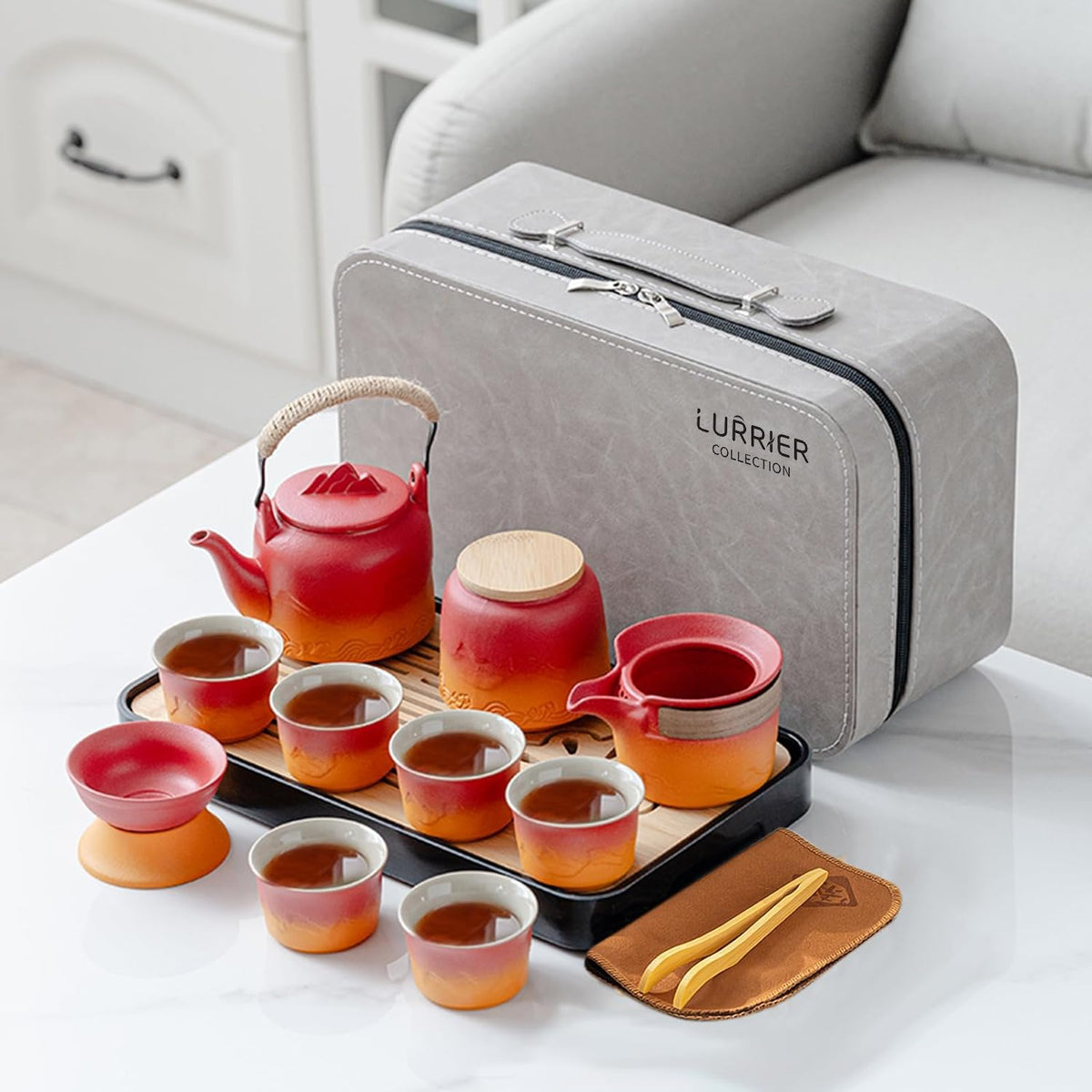 LURRIER Gongfu tea sets, Portable Ceramic TeaSet, Asian Tea sets for adult, Tea Gift sets, Grey leather case, Portable Travel Bag,Home,Gifting,Outdoor and Office(XBlack and Blue)