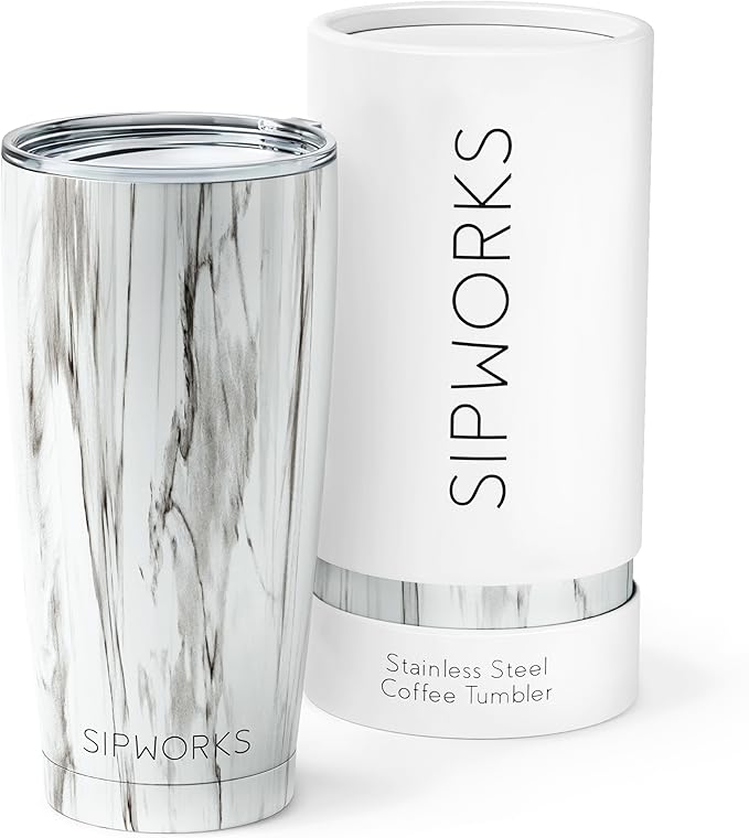 Stainless Steel Coffee Tumbler: Double-Wall Vacuum Insulated Spill-proof Travel Mug Metal Coffee Cup with Lid, 20-Ounce White Marble