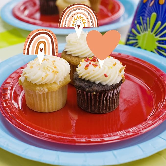 48 Pcs Boho Rainbow Party Cupcake Toppers for Boho Rainbow Birthday Party Decorations