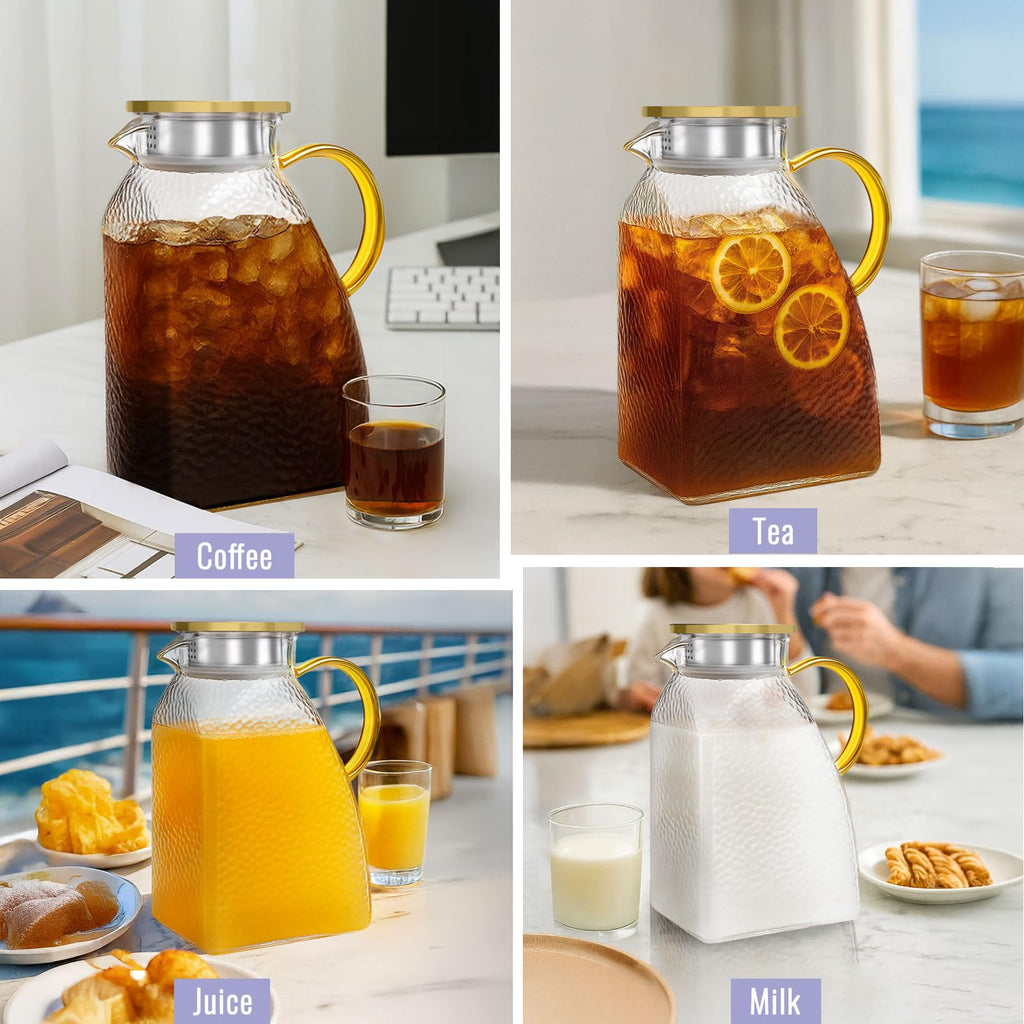 WARMSIMPLE Glass Pitcher With Lid, 2 Liters Glass Pitchers With Handle And Lid, 68 oz Water Pitcher For Fridge, Tea Jug Carafe Jar For Hot/Cold Water Iced Juice Coffee Milk Fruit