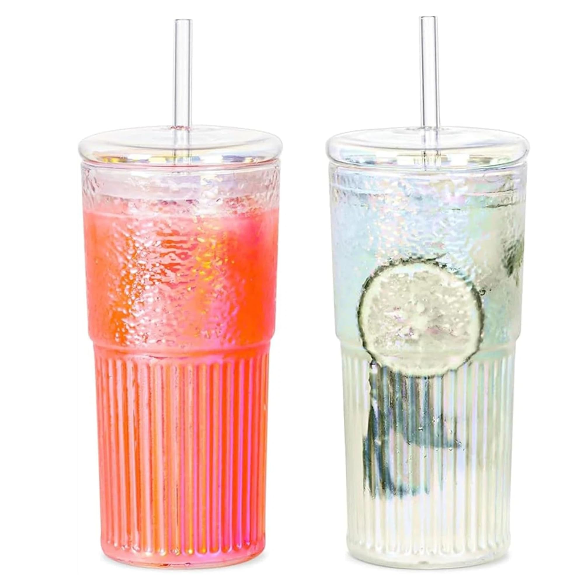 QWEZXO Colorful High Borosilicate Glass Cups With Lids and Glass Straws，20 OZ Rainbow Iced Coffee Water Tumbler Smoothie