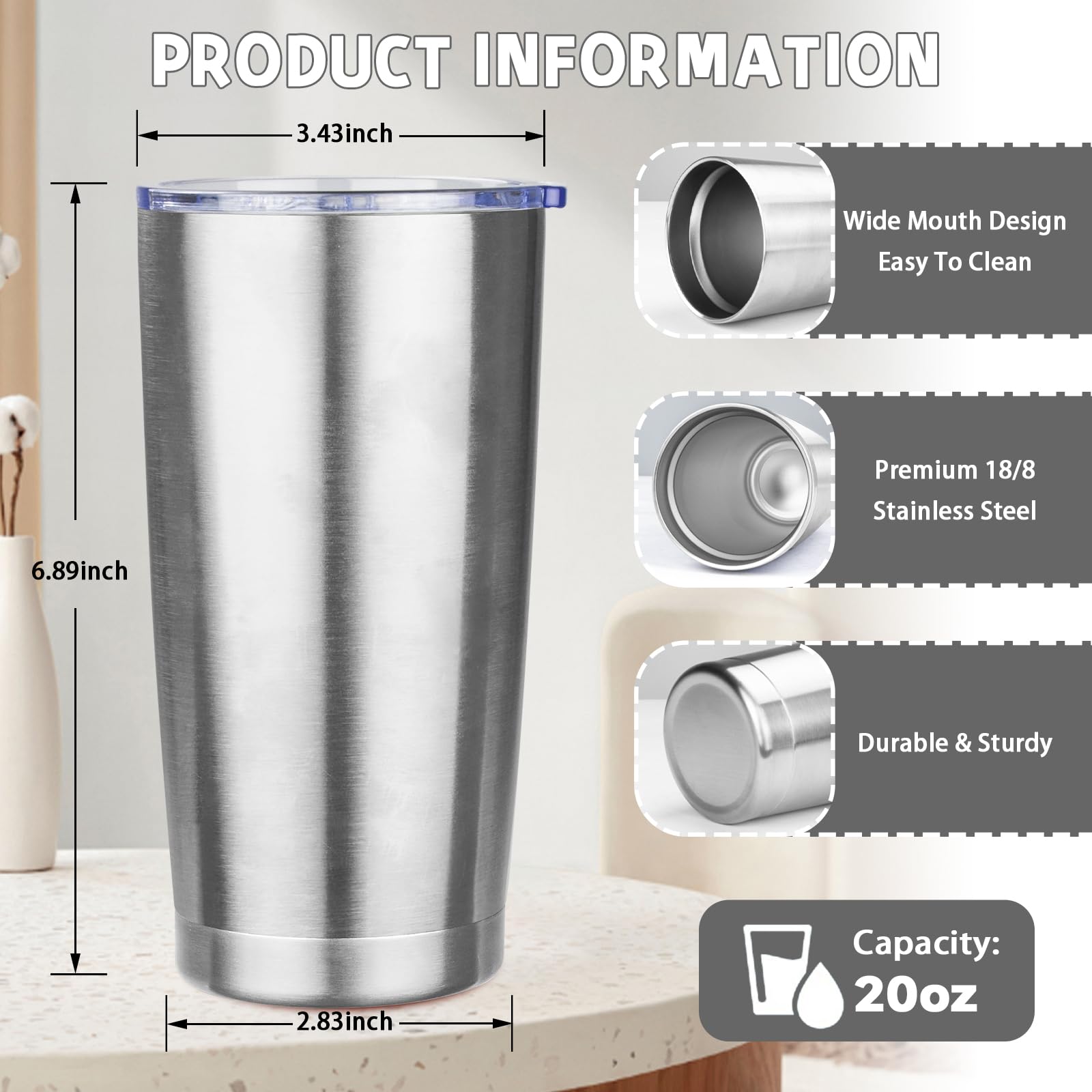 GUDEMAO 20 oz Tumbler with Lids and Straws, Stainless Steel Insulated Coffee Tumbler, Double Wall Vacuum Insulated Travel Mug Cup, Leakproof Thermal Coffee Cup for Hot and Cold Drinks (Silver)