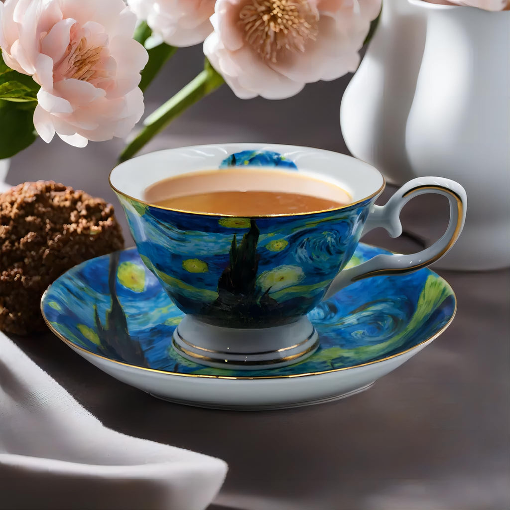AOTELIDA Floral Tea Cups Saucers Set of 2, Bone China 7 oz British Teacups Porcelain Coffee Cup for Rose Tea Cappuccino Espresso Latte (Starry Sky & Starry Sky)