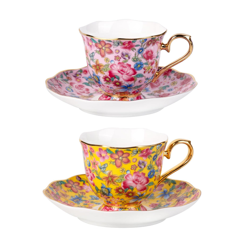 KAMMAK Tea Cup and Saucer, Ceramic Coffee Cups, 6.3 oz, Set of 2
