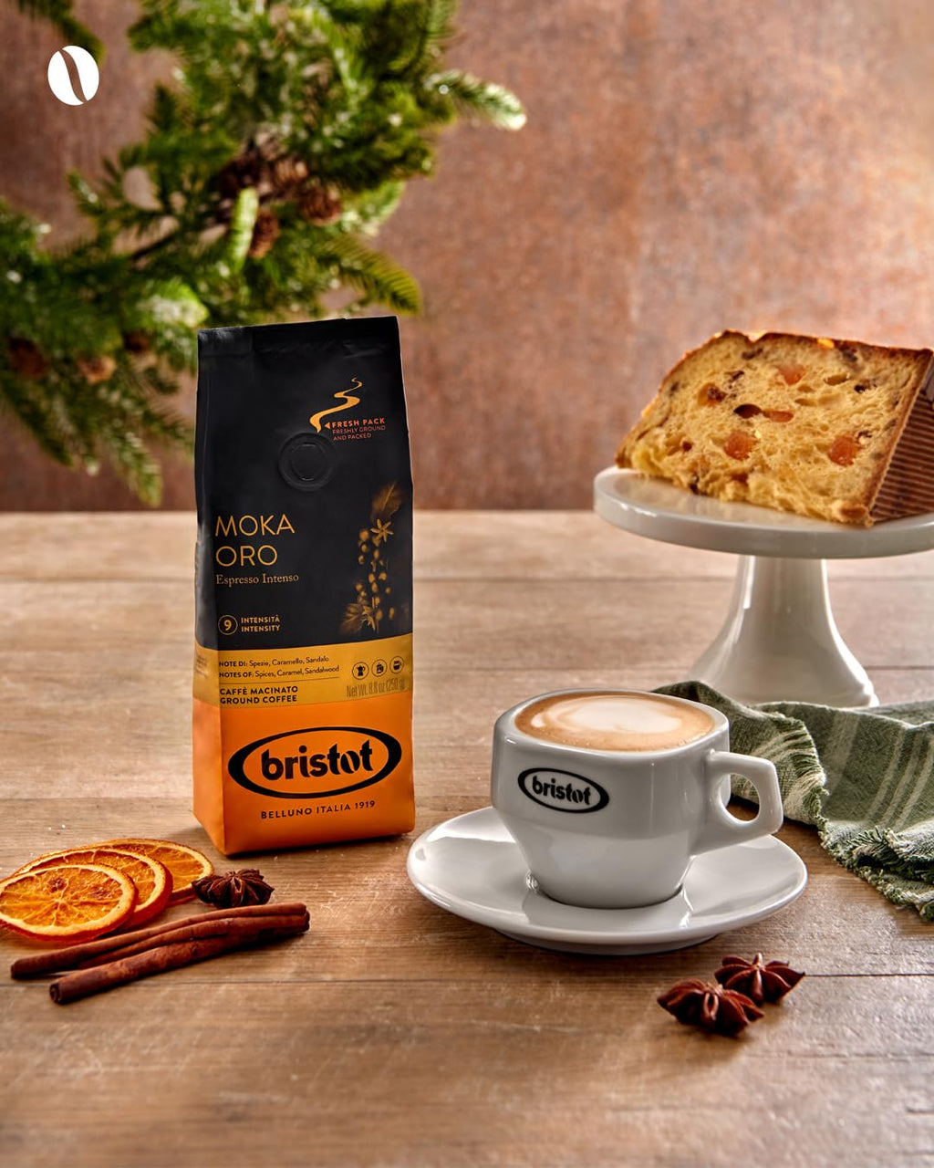 Bristot Moka Oro Ground Coffee – Italian Espresso – Medium Roast – Notes of Spices, Caramel & Sandalwood – For Moka, French Press, Pour Over – 8.8oz (250g)