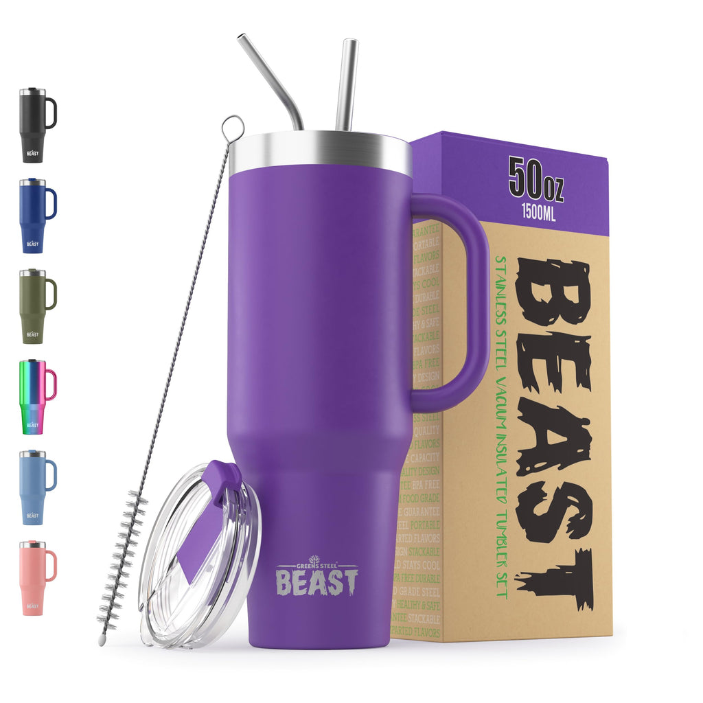 Beast 50 oz Tumbler with Handle Stainless Steel Vacuum Insulated Coffee Ice Cup Double Wall Travel Flask (Deep Purple)