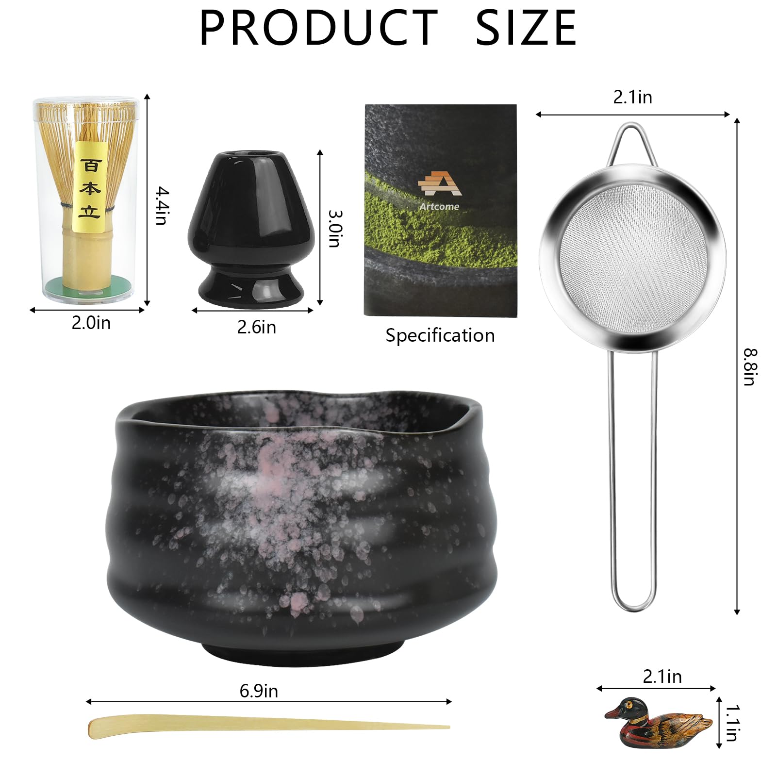 Artcome Matcha Ceremony Kit for Japanese Tea Ceremony, Traditional Matcha Bowl, Whisk, Tea Scoop, Matcha Powder Strainer, Matcha Tea Set For Making Usucha, Koicha and Matcha Latte (Black)