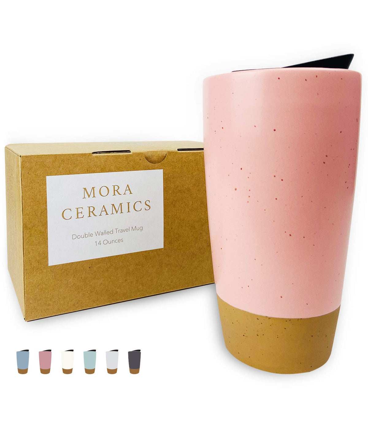 Mora Double Wall Ceramic Coffee Travel Mug with Lid, 14 oz, Portable, Microwave, Dishwasher Safe, Insulated Reusable Tall Cup, Splash Resistant Lid - To Go Tumbler for Car Cup Holder, Cotton White