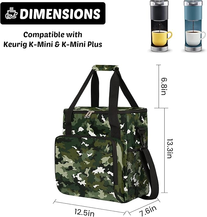 Camouflage Green Coffee Maker Carring Bag for Keurig K-Mini or K-Mini Plus, Single Serve Coffee Brewer Carrying Case with Multiple Pockets for K-Cup Pods,Storage mini Tote Case for Travel(Bag Only)