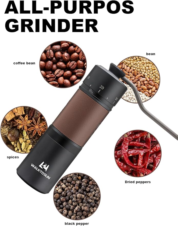 Manual coffee grinder, portable stainless steel cone grinder with solid wood knob, adjustable handle, suitable for home office travel, camping or hiking, black