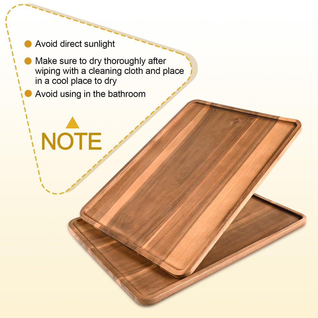BIEOFFEI 2 Pcs Acacia Wood Serving Tray, Rectangular Wooden Serving Platters Charcuterie Board, Large Wood Kitchen Display Tray for Food, Cookie, Dessert, Fruit, Snack, Vegetable, 16.6" x 12.6" x 0.6"