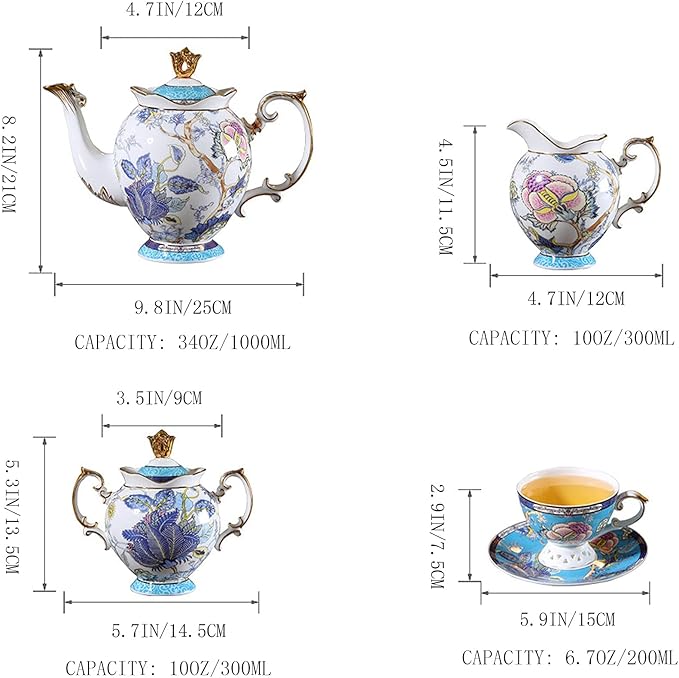ACMLIFE Tea Sets for Adults for 6, Blue Tea Set with Cups, Fine Bone China 24K Gold, Tea Pot and Cups Set, Vintage British English Porcelain Afternoon Service Sets for Women Tea Party for Luxury Gift