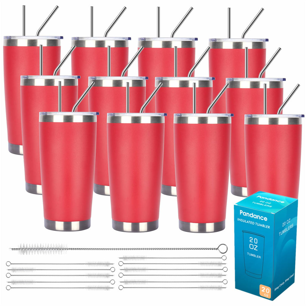 Pandance 20oz Stainless Steel Insulated Tumblers Bulk, Red, 12 Pack