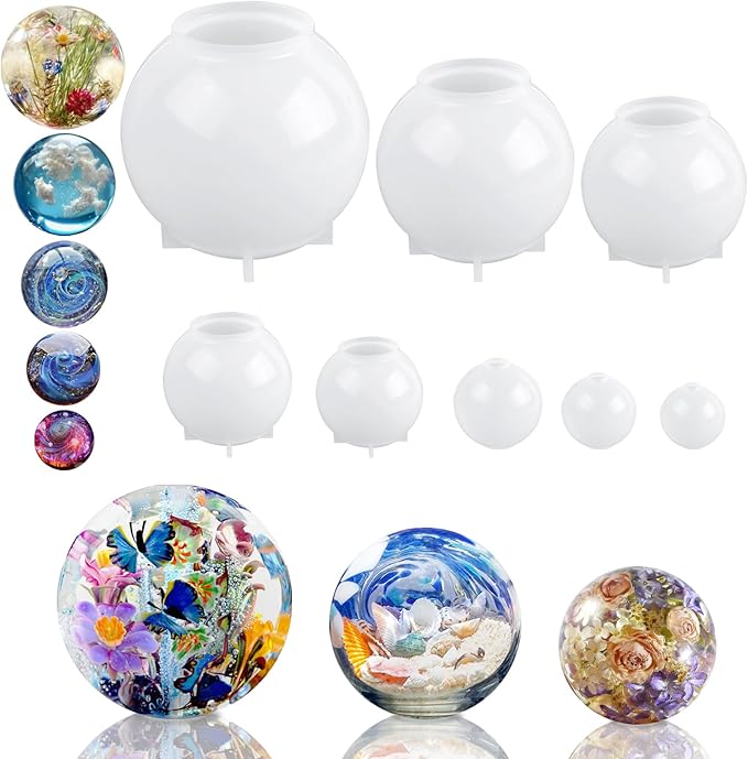 KISREL Sphere Resin Molds, 8 PCS Sphere Silicone Mold, Upgraded 3D Seamless Epoxy Molds，Large Ball Shape Flower Resin Mold for Home Decor, Flowers Preservation