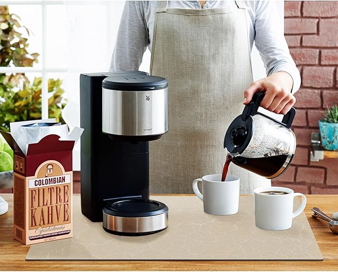 Coffee Maker Mat for Countertop - Coffee Bar Accessories Fit Under Cafe Machine, Rubber Backed Absorbent Pad, Table Mat Under Appliance, Kitchen Counter Dish Drying Mat, 19"x12", Marble Beige