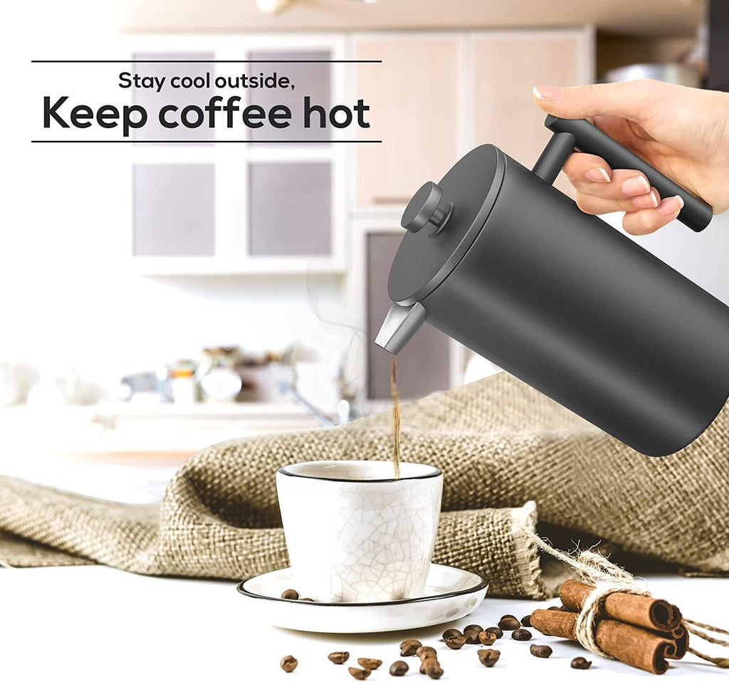 Coffito French Press Coffee Maker,Stainless Steel Double Wall Insulated Coffee Press 34 oz,4-8 Cups, Portable Hot Cold Brew Teapot Cafetera for Coffee Bar Accessories Kitchen Camping (Black,34oz)