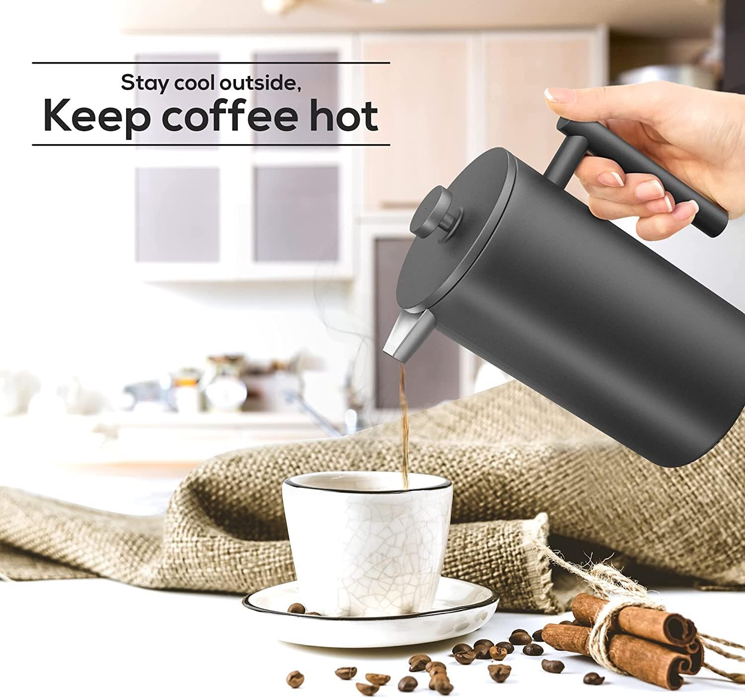 Coffito French Press Coffee Maker,Stainless Steel Double Wall Insulated Coffee Press 34 oz,4-8 Cups, Portable Hot Cold Brew Teapot Cafetera for Coffee Bar Accessories Kitchen Camping (Black,34oz)