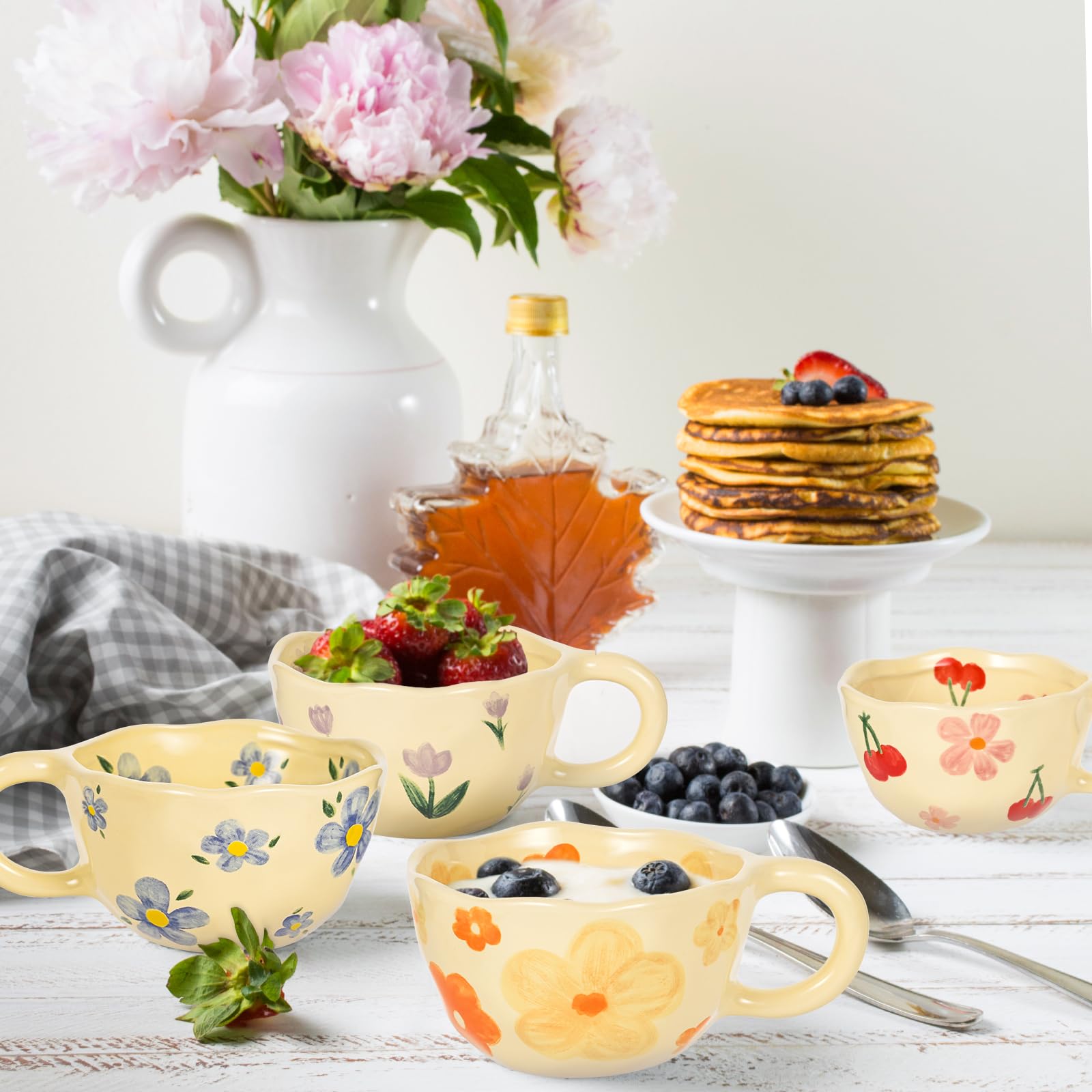 MAKCNMYM Ceramic Coffee Mug Vintage Flower Mugs 8 oz Cute Floral Coffee Mugs Irregular Latte Art Cup Lead-free Porcelain Cups for Cappuccino, Cocoa (4 Pack)