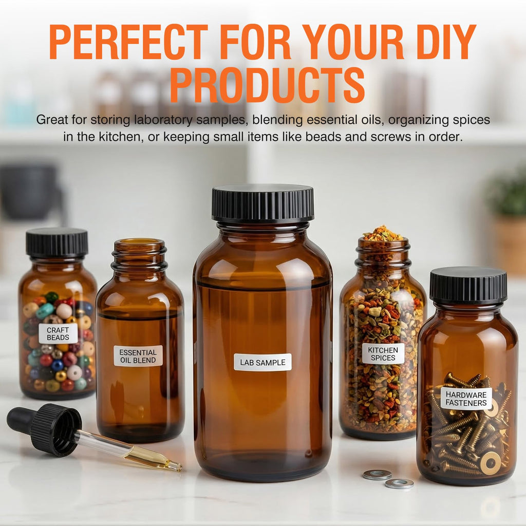 PEKYBIO 24 Pack Amber Glass Wide Mouth Packer Bottle, 200ml (6.7oz) Capacity with Black Screw Cap for Essential Oils, Laboratory, Sample Storage, Spices, Jewelry