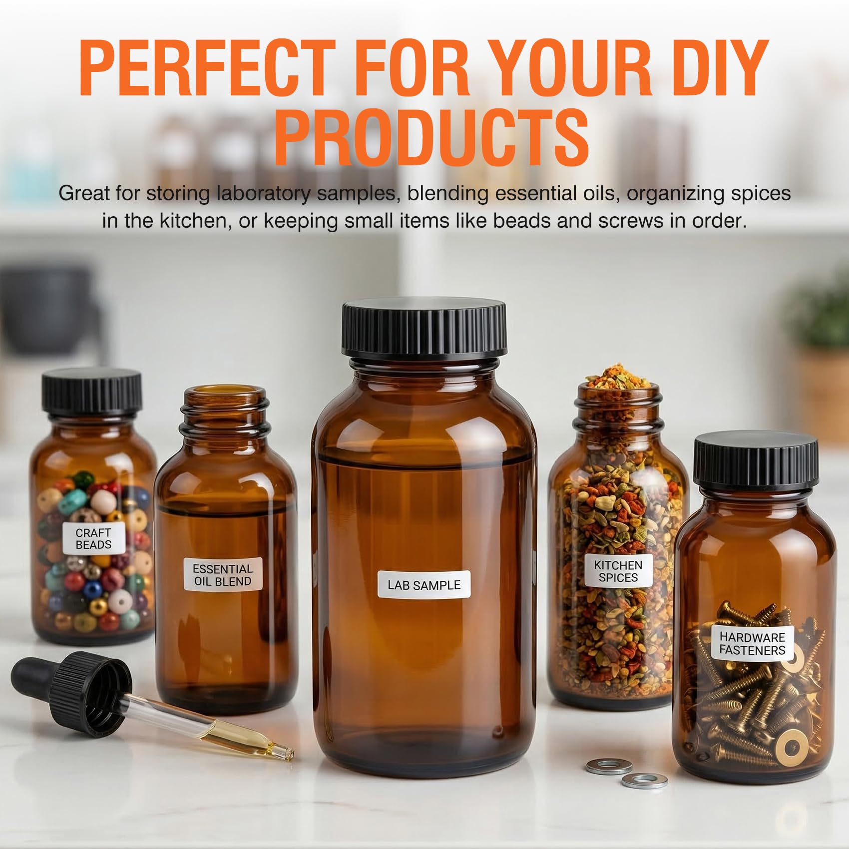 PEKYBIO 24 Pack Amber Glass Wide Mouth Packer Bottle, 120ml (4oz) Capacity with Black Screw Cap for Essential Oils, Laboratory, Sample Storage, Spices, Jewelry