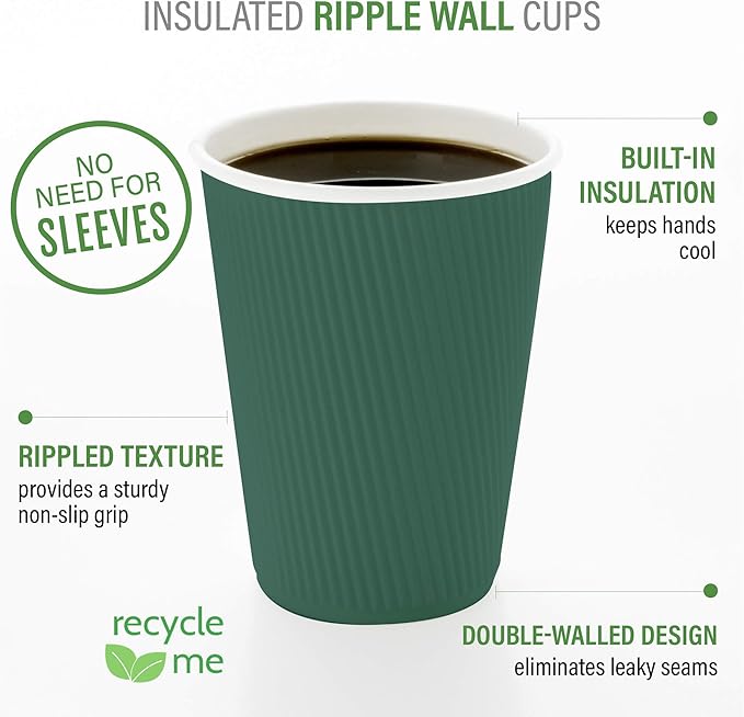Restaurantware-12 Ounce Disposable Coffee Cups, 500 Ripple Wall Hot Cups For Coffee - Lids Sold Separately, Rolled Rim, Forest Green Paper Insulated Coffee Cups, For Hot Coffee, Tea, And More