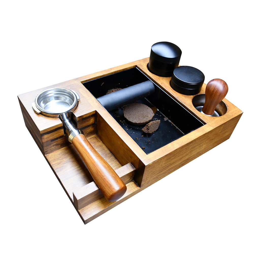 NAVREX 13.4'' Large Espresso Knock Box and Tamping Station, Solid Wood Espresso Accessories Organizer Box for 51MM-58MM Tamper, Distributor, Portafilter, High-Capacity Coffee Organizer