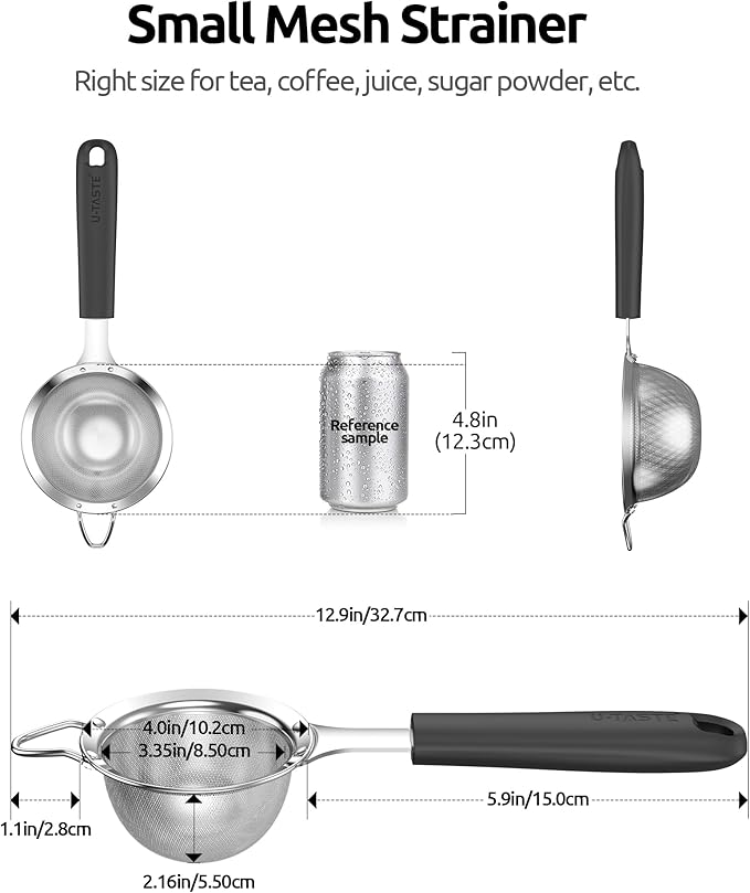U-Taste Small Fine Mesh Strainer: 18/8 Stainless Steel 3.35in 30 Mesh Kitchen Food Sieve with Sturdy Riveted Silicone Handle, Heavy Duty Deep Handheld Metal Colander for Tea, Juice (Black)