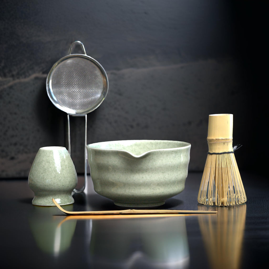 MOIY Matcha Whisk Set, Matcha Set, Handcrafted Bamboo Chasen & Ceramic Bowl Matcha Kit, 5 Pcs Matcha Set Whisk and Bowl with Stainless Steel Sifter, Tea Ceremony, Jade