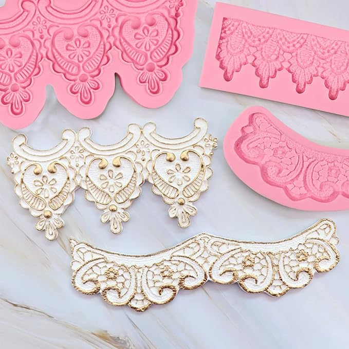 Baroque Embossed Cake Decorating Mold 3pcs, Lace Fondant Silicone Molds for Chocolate Candy Mousse Butter Biscuit Marzipan Sugar Craft Cake Border Cupcake Topper Dessert Display Resin Gypsum Clay