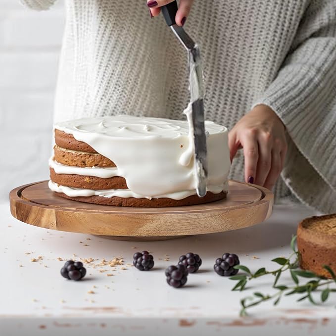 Glass Rotating Cake Stand with Lid - 12" Acacia Wood Cake Plate with Dome, Includes 2 Extra Cake Boards - Cake Holder for Wedding, Birthdays, Kitchen, Party Display, Charcuterie Tray