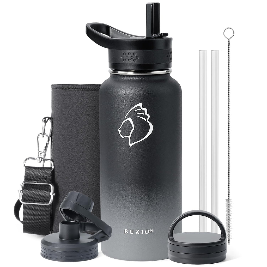 BUZIO 32 oz Water Bottle Insulated with Straw & 3 lid and Carrying Pouch, Leak Proof Anti-Slip Stainless Steel Water Flask Jug, Cold for 48 Hrs Double Vacuum Thermo Canteen, BPA-Free, Shadow