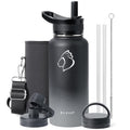 BUZIO 32 oz Water Bottle Insulated with Straw & 3 lid and Carrying Pouch, Leak Proof Anti-Slip Stainless Steel Water Flask Jug, Cold for 48 Hrs Double Vacuum Thermo Canteen, BPA-Free, Shadow