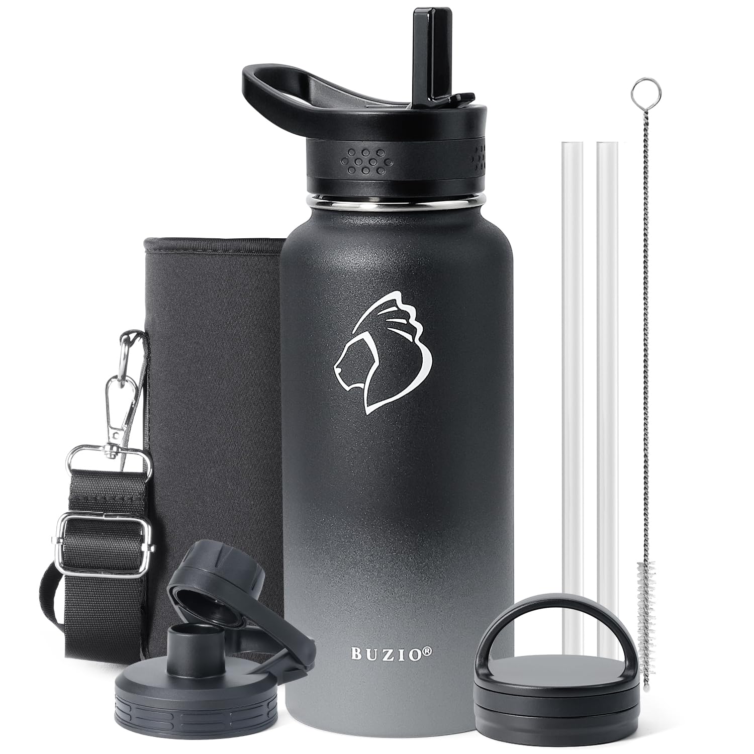 BUZIO 32 oz Water Bottle Insulated with Straw & 3 lid and Carrying Pouch, Leak Proof Anti-Slip Stainless Steel Water Flask Jug, Cold for 48 Hrs Double Vacuum Thermo Canteen, BPA-Free, Shadow