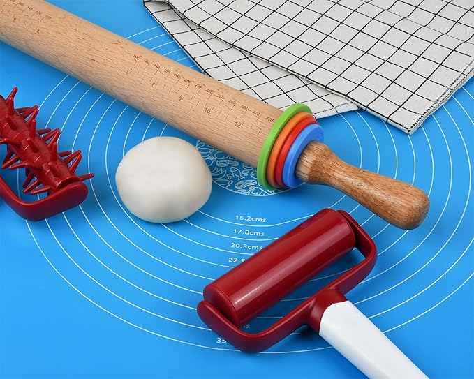 Rolling Pin with 4 Adjustable Thickness Rings and Long Handle 13.6 Inch Wooden Dough Roller for Baking, Dough, Cookie, Cake, Fondant, Pizza and Pie Crust