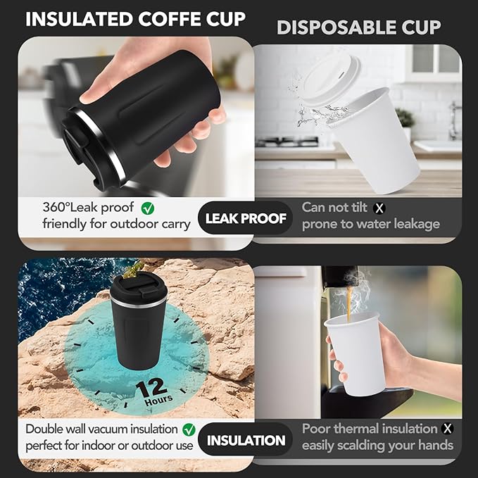 Volhoply 12 oz Double Wall Insulated Vacuum Travel Coffee Mug with Flip Lid Bulk 8 Pack,Reusable Stainless Steel Leak Proof Coffee Cup,Portable Cafe Thermal Tumblers for Hot & Cold Drinks(Black,8 Set)