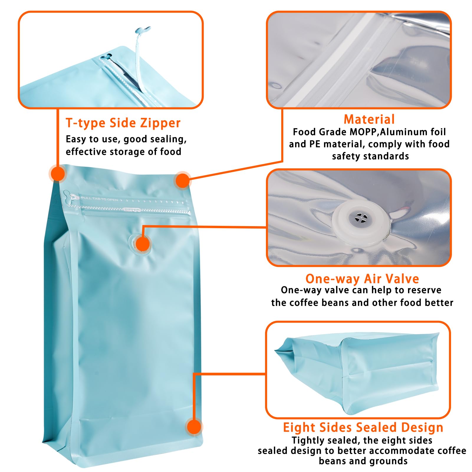Coffee Bags with Valve (50 PCS,16oz/1lb) Blue High Barrier Aluminum Foil Flat Bottom Standing Coffee Beans Storage Packaging Bags, Reusable Heat Seal Side Zipper Pouches for Small Business and Home