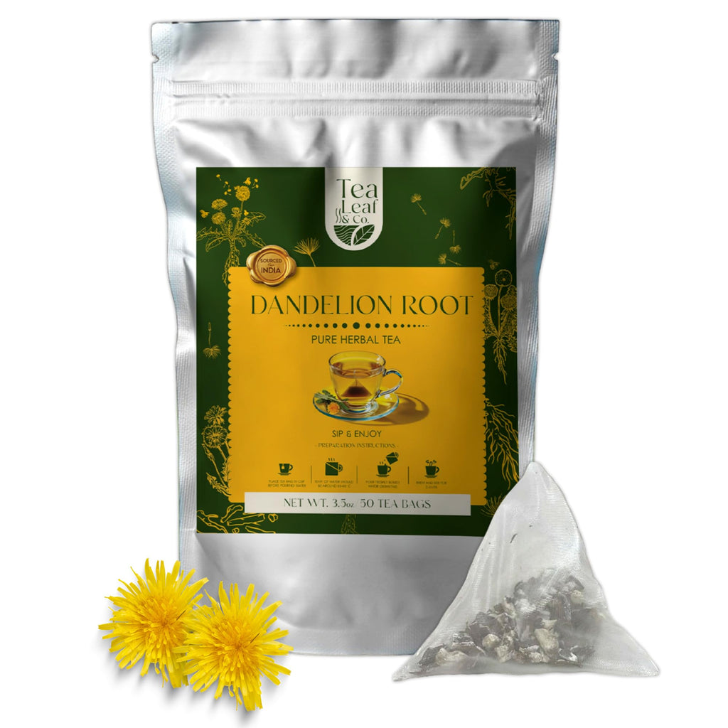 Tealeaf & Co. Dandelion Root Tea with Dried Dandelion Root Extract - Pure Herbal Tea Bags Blended with Fresh Herbs - Flavored Herbal Blend - Low Caffeine - Gluten Free - 50 Teabags