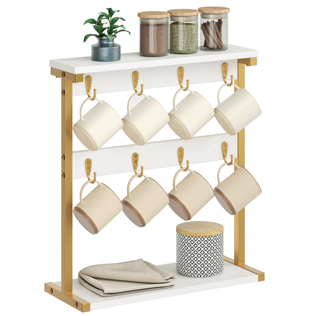 YATINEY Coffee Mug Holder for Counter, 2 Tier Mug Tree Rack, with 8 Hook and 2 Open Shelves, Vintage Mug Holder Stand for Home Kitchen, White and Gold MH43DW