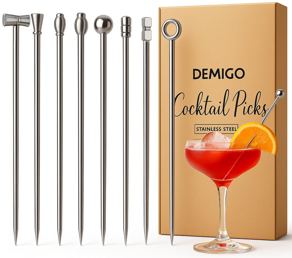 DEMIGO Cocktail Picks Set of 8, Stainless Steel Reusable Martini Picks